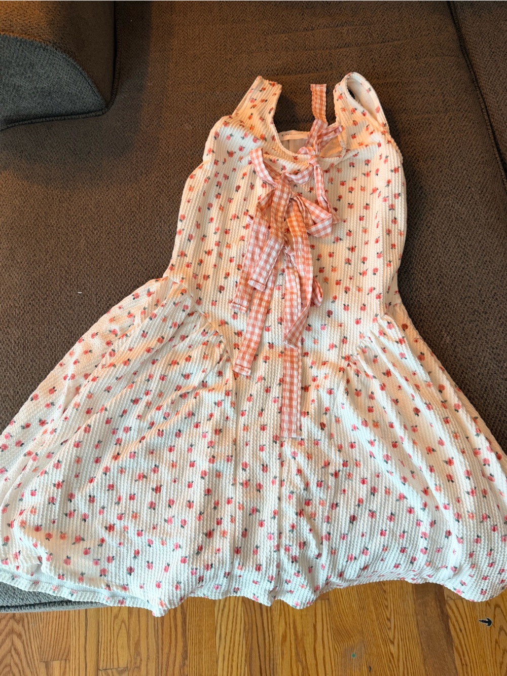 Cream Midi Dress with Pink Floral Print and Pink Gingham Bows